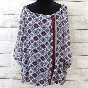 DRESS BARN Layered Silky Blouse, Black & Burgundy Arabesque Tiles Pattern